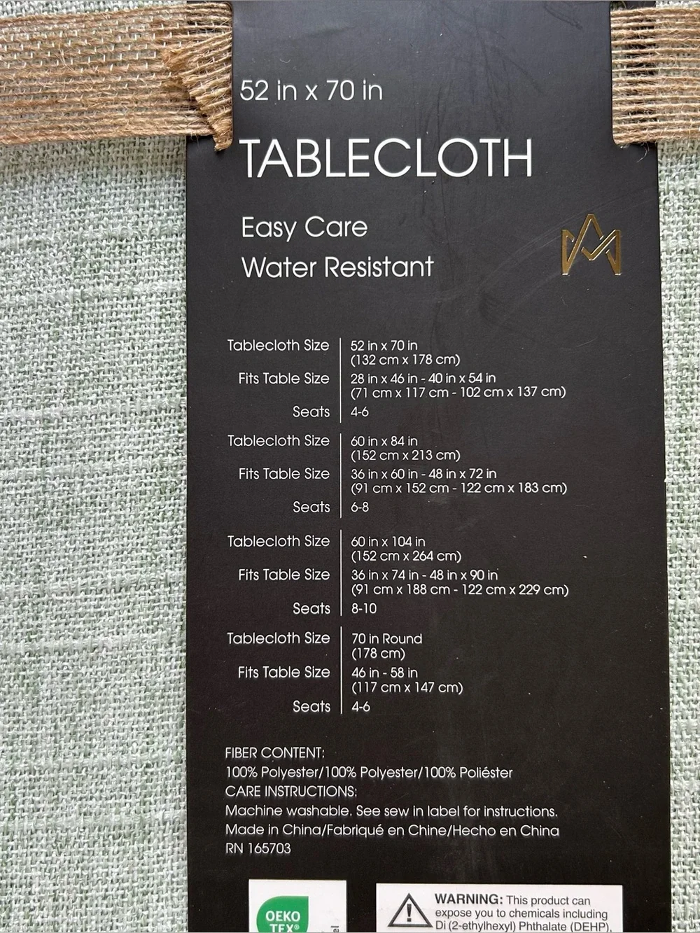 Arch/Mantle 52x70 Water Resistant Tablecloth Sage Green Linen Look Easy Care NWT